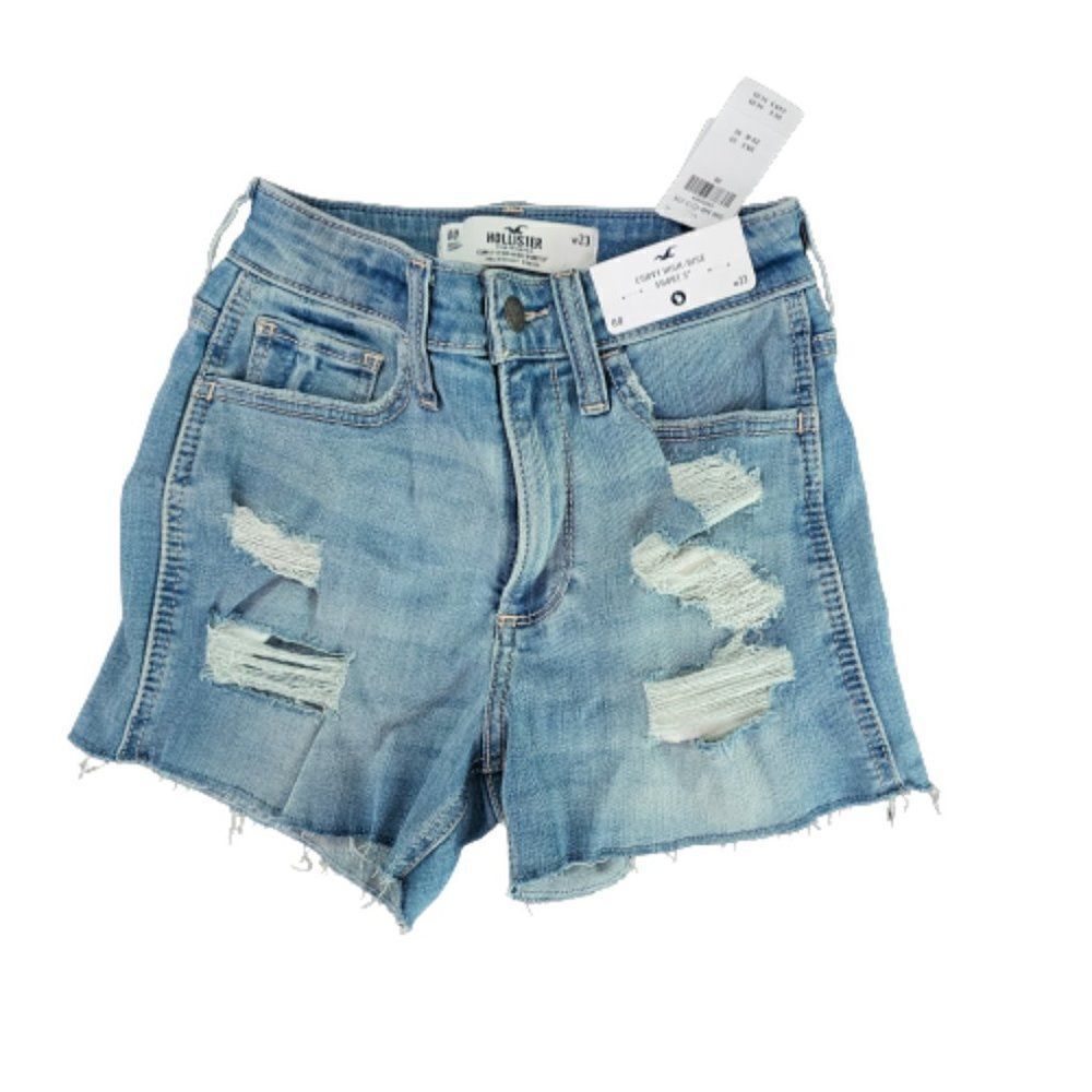 Hollister Women's Blue Curvy High-rise Distressed Frayed Denim Shorts Size 23